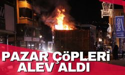 Kamyonun kasasındaki pazar çöpleri cadde ortasında alev aldı