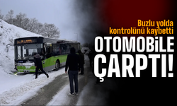 Buzlu yolda kontrolü kaybedince otomobile çarptı
