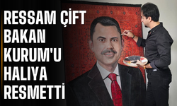 Ressam çift, Bakan Kurum'u halıya resmetti