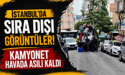 İstanbul'da sıra dışı görüntüler! Kamyonet havada asılı kaldı