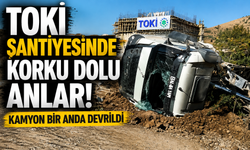 TOKİ şantiyesinde hafriyat kamyonu devrildi