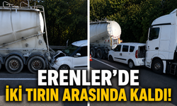 Hafif ticari araç iki tırın arasında sıkıştı