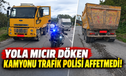 Yola mıcır döken kamyonu trafik polisi affetmedi! Cezai işlem uygulandı