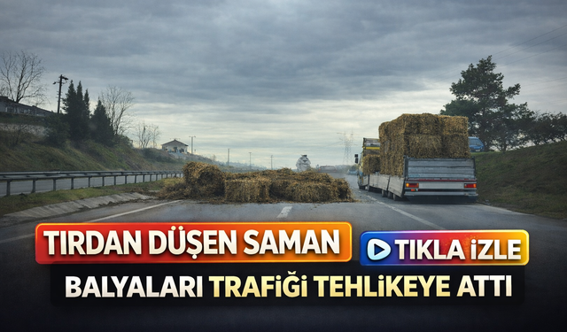 Tırdan düşen saman balyaları trafiği tehlikeye attı
