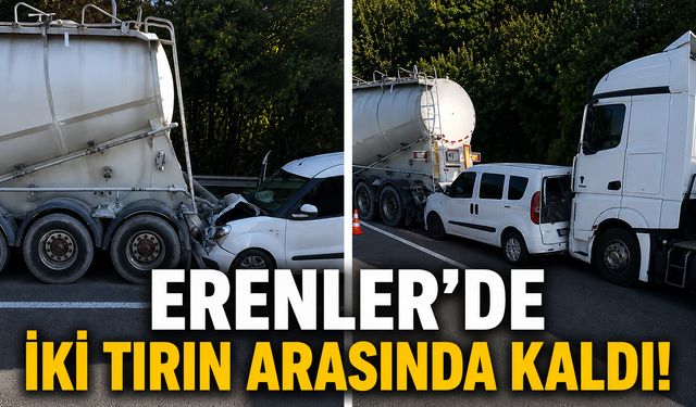 Hafif ticari araç iki tırın arasında sıkıştı