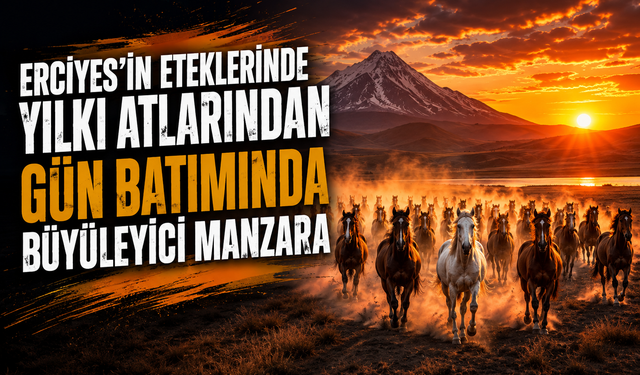 Erciyes’in Eteklerinde Yılkı Atlarından Gün Batımında Büyüleyici Manzara