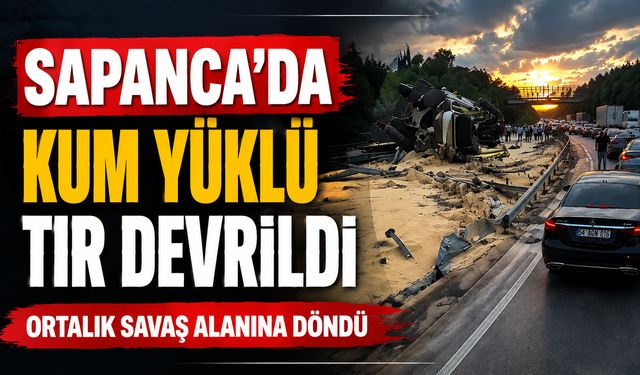 Sapanca’da kum yüklü tır TEM’de karşı şeride devrildi!
