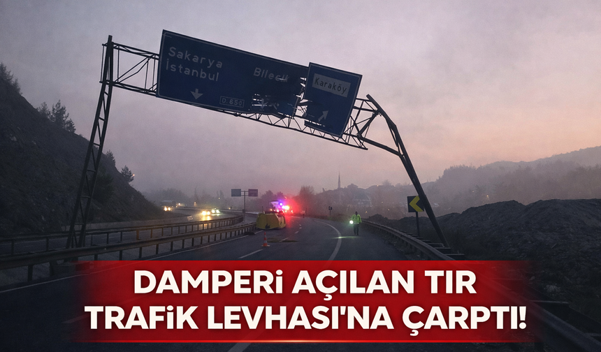 Damperi açılan tır trafik levhasına çarptı!