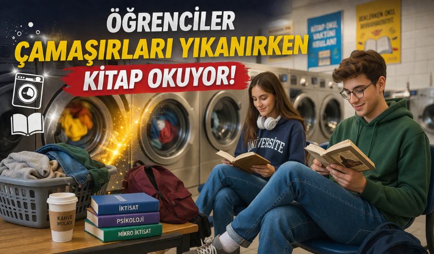Öğrenciler çamaşırları yıkanırken kitap okuyor