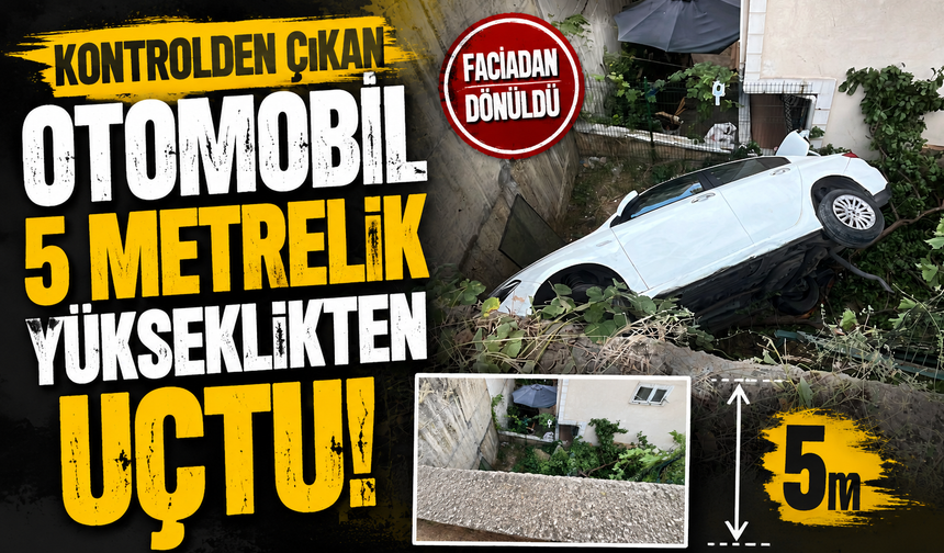 Kontrolden çıkan otomobil 5 metrelik yükseklikten uçtu