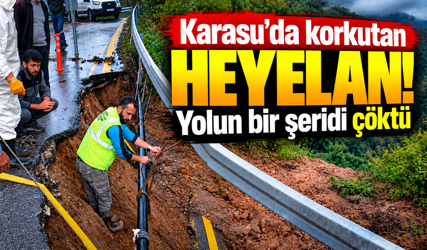 Karasu'da korkutan heyelan! Yolun bir şeridi çöktü
