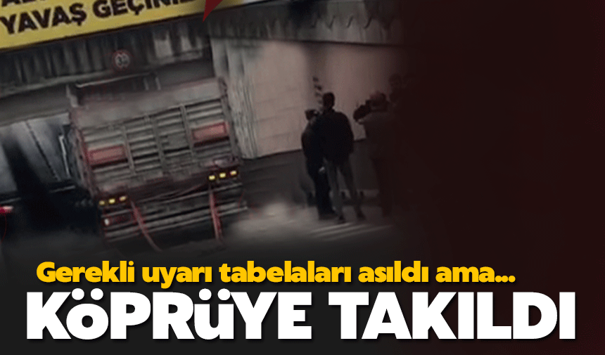 Uyarı tabelalarına rağmen köprüye takıldı